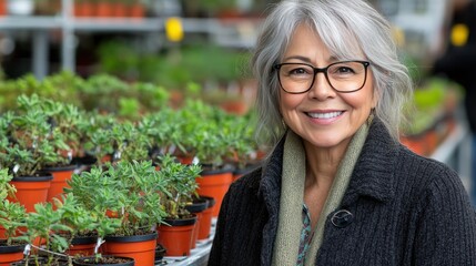 A woman with gray hair and glasses smiles brightly while surrounded by various potted plants in a vibrant garden center. Sunlight filters through the overhead structure
