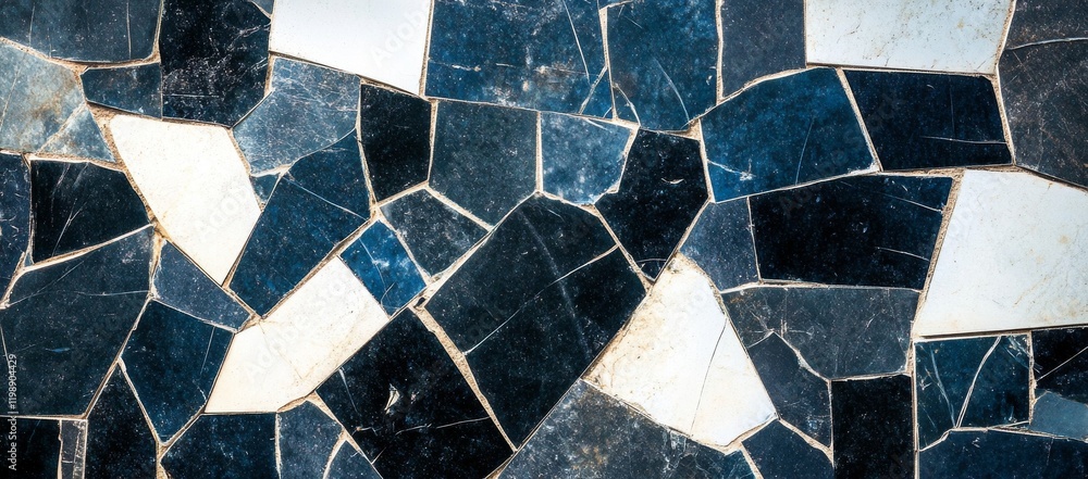 Poster mosaic pattern of dark blue and white tiles creating an abstract design in a modern setting