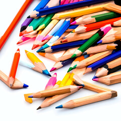 Fototapeta premium Chaotic mix of triangular, round-barrel, and hexagonal artist's pencils in various colors on a clean white background. Generative AI