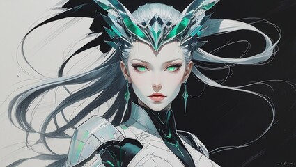Cyberpunk Anime Warrior in Futuristic Armor with Radiant Ethereal Aura and High-Contrast Rough Pencil Sketch, portrait of a warrior woman anime illustration digital painting