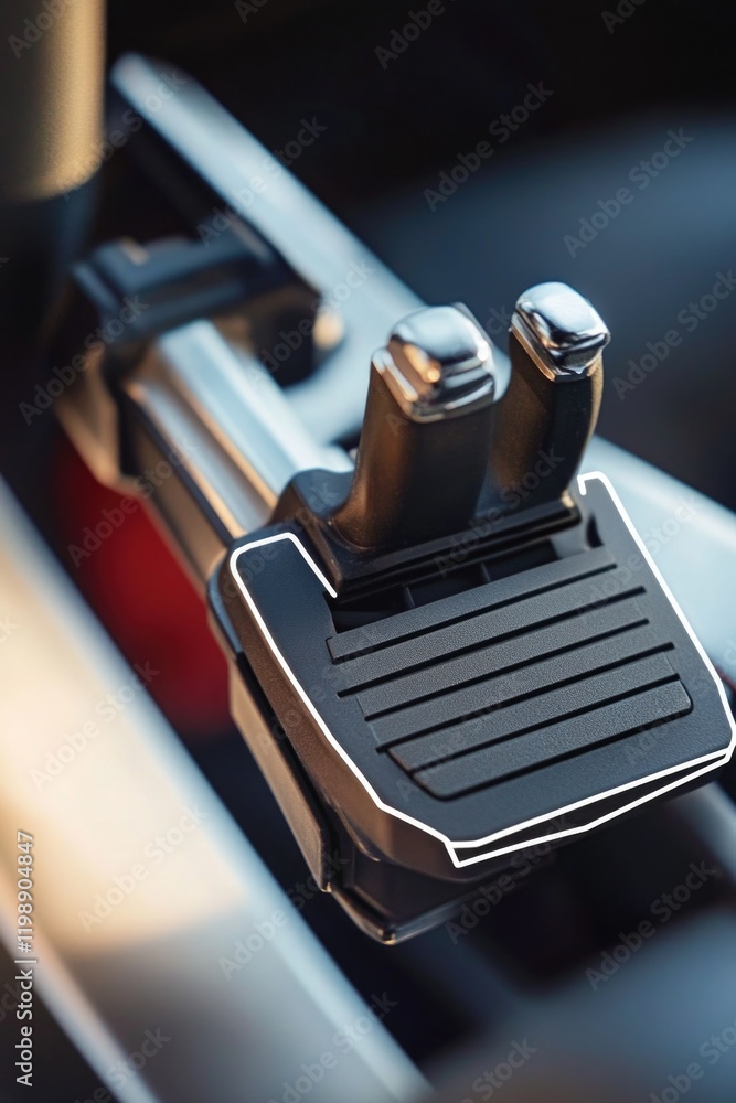 Poster a close-up view of a car's dashboard showing the steering control and surrounding details