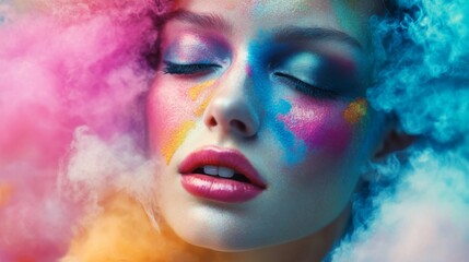 Close-up of a Woman's Face Adorned with Vibrant Colorful Makeup and Powder