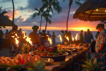Sunset Beach Luau with Tiki Torches, Hawaiian Leis, Ukulele Music, and Traditional Foods