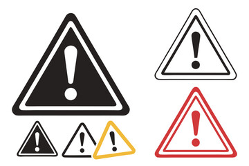 Warning signs, triangular icons, exclamation marks, caution symbols, danger alerts, black and white, yellow and red, attention graphics, safety emblems, hazard indicators, simple shapes, bold colors, 
