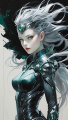 Cyberpunk Anime Warrior in Futuristic Armor with Radiant Ethereal Aura and High-Contrast Rough Pencil Sketch, portrait of a warrior woman anime illustration digital painting