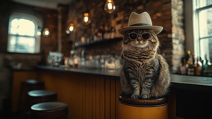 A fluffy cat sits proudly on a bar stool, sporting trendy sunglasses and a straw hat. The warm, inviting atmosphere features brick walls and soft lighting