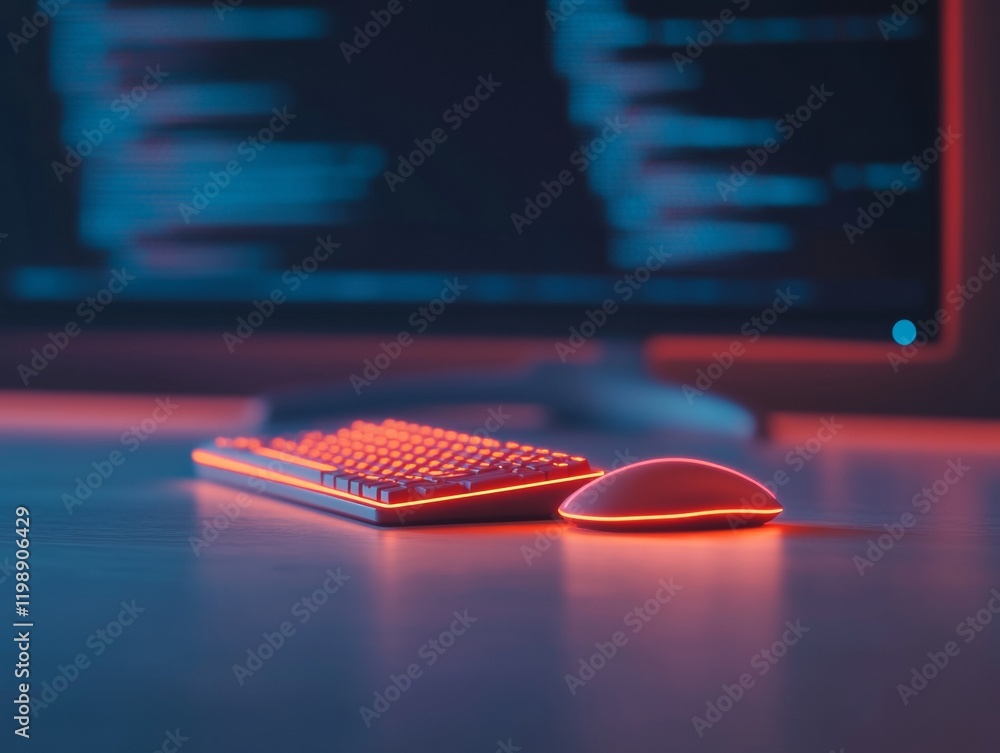 Poster futuristic neon keyboard and mouse on streaming desk with monitors displaying live chats