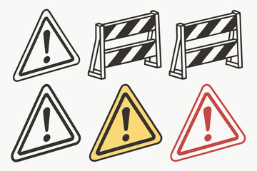 Warning signs, triangular icons, exclamation marks, caution symbols, danger alerts, black and white, yellow and red, attention graphics, safety emblems, hazard indicators, simple shapes, bold colors, 