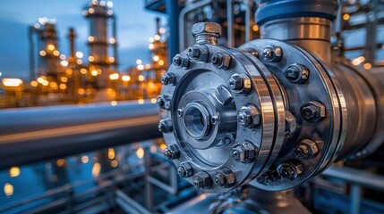 Fototapeta premium Close up of industrial pipeline valve at night with illuminated refinery infrastructure and metallic details in urban setting