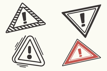Warning signs, triangular icons, exclamation marks, caution symbols, danger alerts, black and white, yellow and red, attention graphics, safety emblems, hazard indicators, simple shapes, bold colors, 