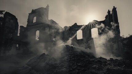 Naklejka premium Dramatic scene of smoking ruins with dust and smoke against clear sky