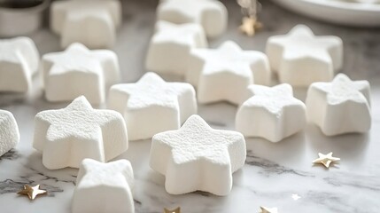 Photograph of white marshmallows in the shape of stars, on a marble table