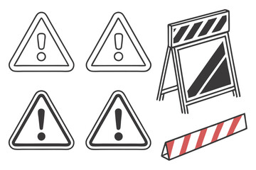 Warning signs, triangular icons, exclamation marks, caution symbols, danger alerts, black and white, yellow and red, attention graphics, safety emblems, hazard indicators, simple shapes, bold colors, 