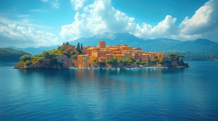 Scenic coastal view of a vibrant island village surrounded by clear blue waters and mountains