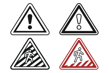 Obraz premium Warning signs, triangular icons, exclamation marks, caution symbols, danger alerts, black and white, yellow and red, attention graphics, safety emblems, hazard indicators, simple shapes, bold colors, 