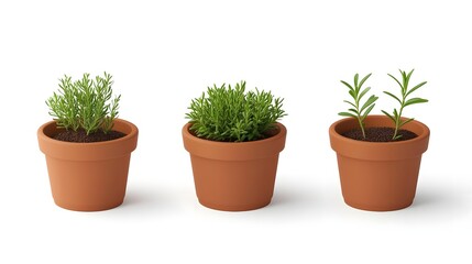 Fototapeta premium Three terracotta pots with different herbs growing in them.