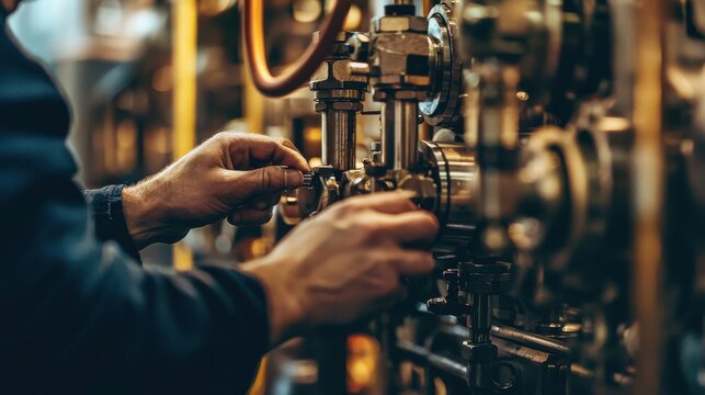 Close up of hands adjusting metal controls on industrial machinery in a workshop with a focus on precision engineering and manufacturing process