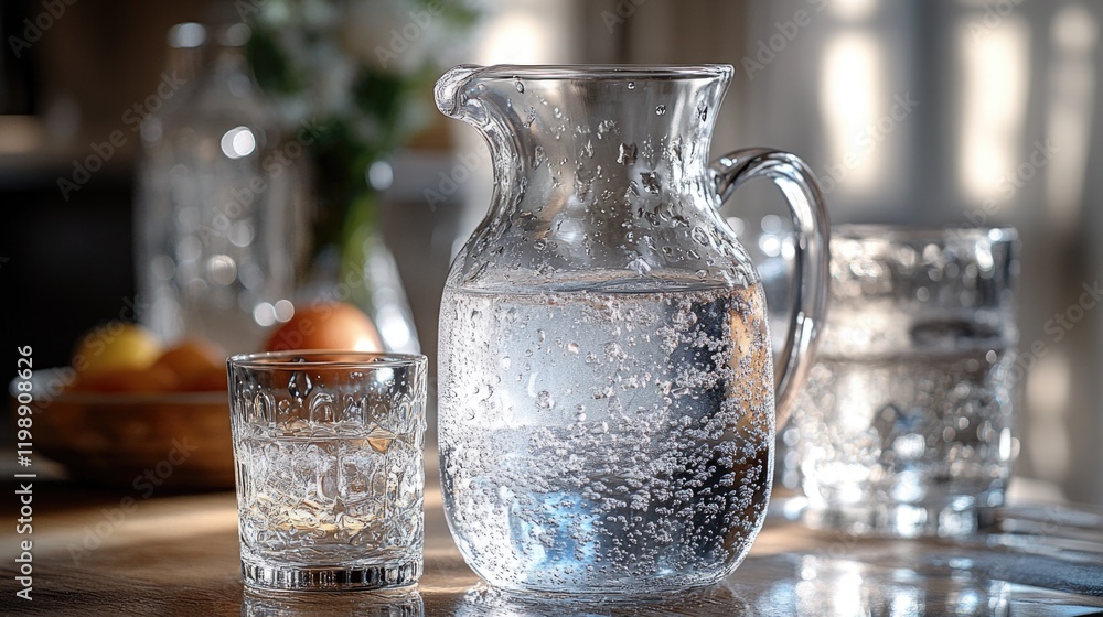 Poster a pitcher and glass setting on a table, ready for use