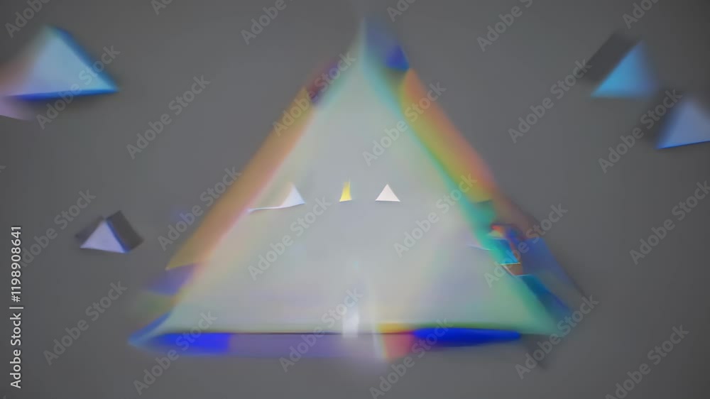 Poster triangular prism with rainbow light refractions on a gray background