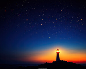 Fototapeta premium A serene lighthouse stands against a twilight sky filled with stars, casting a warm glow as the sun sets on the horizon.