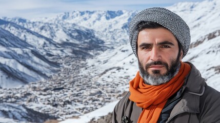 A man wearing a warm hat and orange scarf stands in a snowy landscape. The majestic mountains and a small village below create a striking contrast with the clear sky