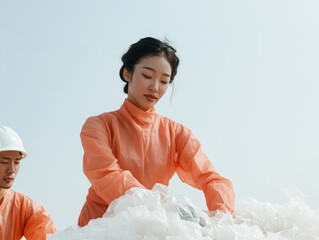 Volunteers in Eco-Friendly Uniforms Collecting Plastic Waste on a Sunny Coastal Day