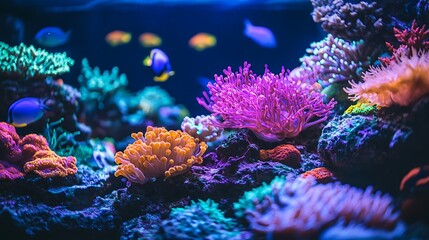 Fototapeta premium Vibrant coral reef aquarium, colorful fish, underwater scene, nature background, ideal for marine life publications