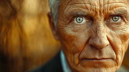 Fototapeta premium An elderly man stands against a softly blurred background, highlighting his intense gaze and weathered skin. The warm colors enhance the depth of his character and experience