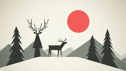 Minimalist deer in mountain landscape with red sun