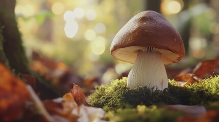Detailed close up of a porcini mushroom on forest floor surrounded by moss and leaves