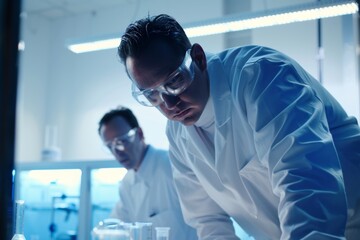 Team of Specialists in Protective Gear Collaborating in a Modern Laboratory