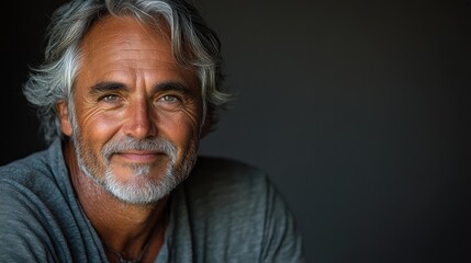Obraz premium Portrait of a mature man with gray hair and a warm smile, set against a dark background, exuding confidence
