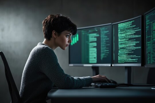 A focused female programmer diligently works late into the night, immersed in lines of code on multiple monitors.