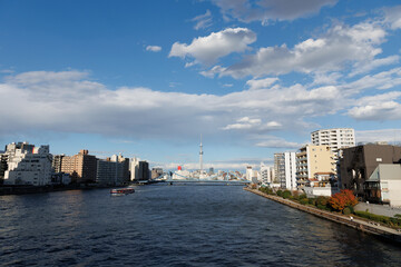 隅田川の橋の上から眺める東京の景色