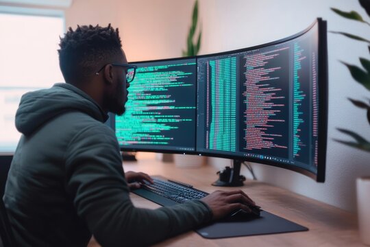 A focused programmer works diligently on his dual-monitor setup, immersed in lines of code.