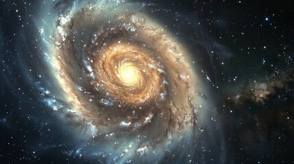 Brightly glowing center of spiral galaxy on dark starry background.
