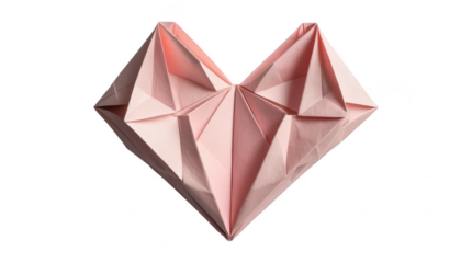 A folded paper heart in traditional origami style, with soft, symmetrical folds and subtle shadows, in shades of pastel pink, on a white transparent background PNG