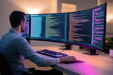 A programmer works late at night, intensely focused on lines of code displayed across two large monitors.