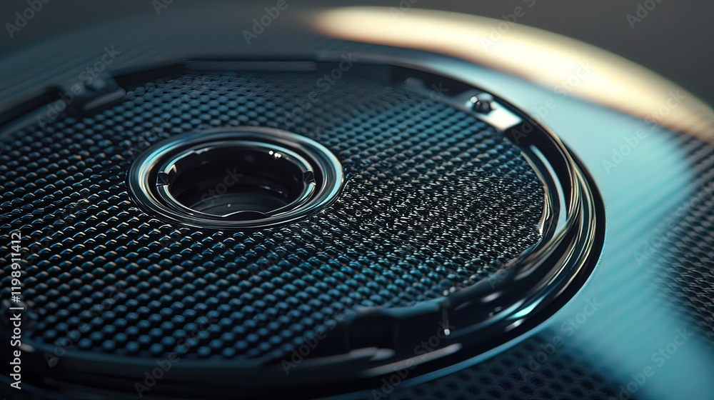 Poster close-up of a circular metallic object with a central lens and textured surface.