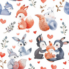 Playful watercolor pattern of cute animal couples with hearts