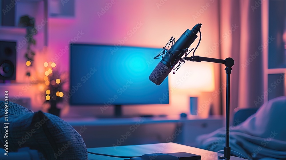 Poster close-up of a microphone setup on a desk in a home studio, illuminated by colorful lights.