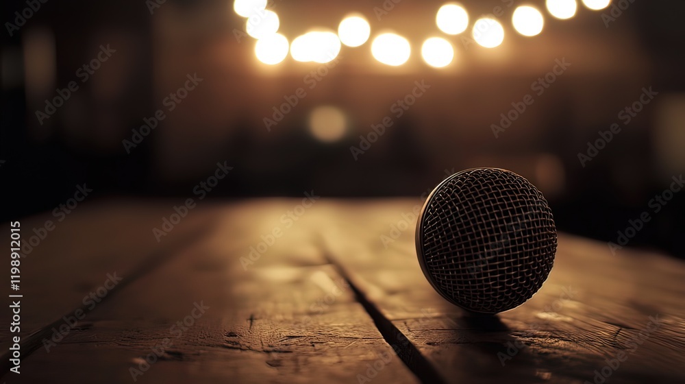 Poster close-up of a microphone on a rustic wooden table in a dimly lit room with blurred background lights