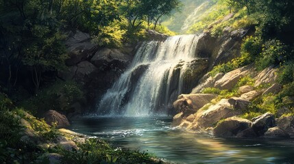 Obraz premium Serene Waterfall in Lush Forest Digital Painting
