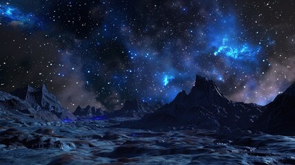 Naklejka premium Majestic starry sky above mysterious alien mountains with glowing nebula