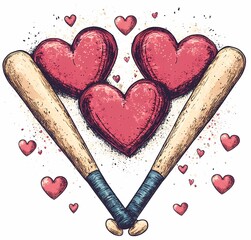 Heart-shaped design with baseball bats creating a playful and romantic theme in a colorful illustration