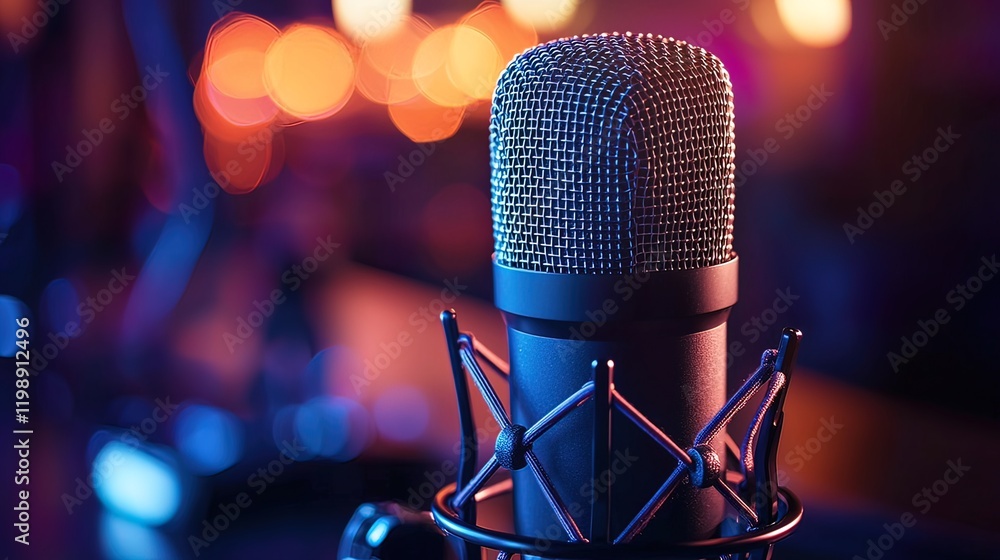 Poster close-up of a professional microphone in a vibrant studio setting with blurred background lights.