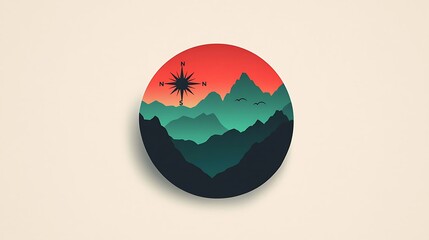 A serene mountain landscape with a compass rose, showcasing vibrant sunset colors and flying birds