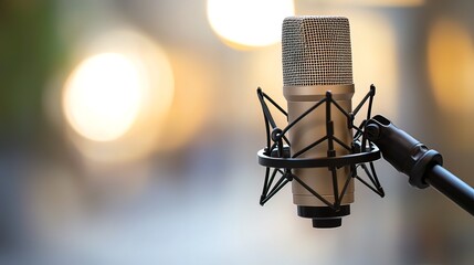 Close-up of a professional condenser microphone in a recording studio setting with blurred background lights.