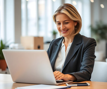 Middle age European business woman CEO using laptop application for work at table workspace in office. Smiling Latin Hispanic mature adult professional businesswoman using pc digital computer. Banner 