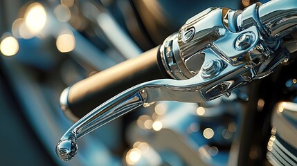 Obraz premium Close-up of a shiny chrome motorcycle handlebar and brake lever.